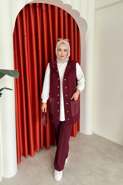 Berfin Üçlü Pantolon Takım Bordo